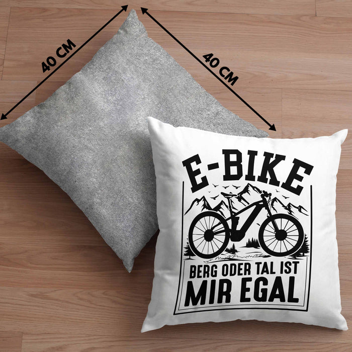 E-Bike Fahrer Geschenk Kissen mit Füllung 40x40 Elektro-Fahrrad Berg Oder Tal Ist Mir Egal Geschenkidee (Grau) Grau Trendation
