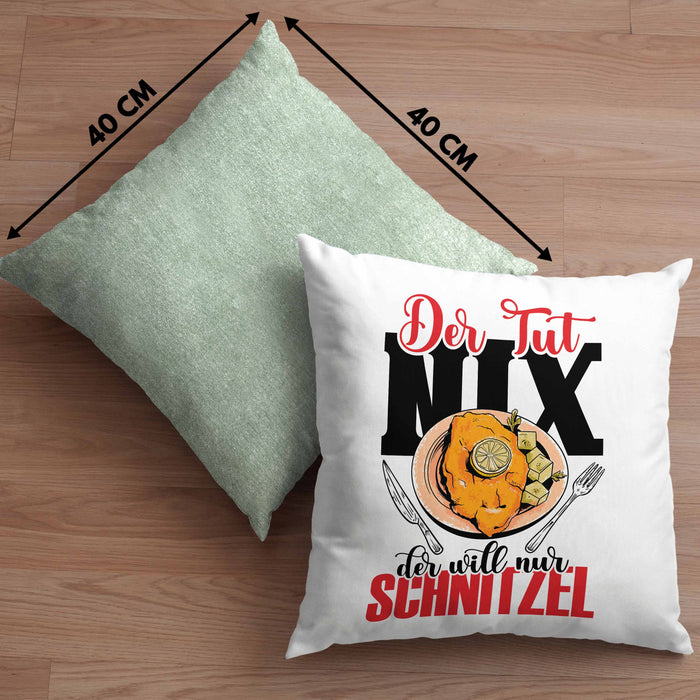 Schnitzel Kissen mit Füllung 40x40 "Der tut nix, der will nur Schnitzel" Geschenkidee für Schnitzelliebhaber (Grau) Grün Trendation