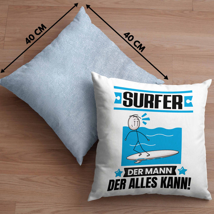 Surfer Kissen mit Füllung 40x40 Geschenk für Surfer Der Mann Der Alles Kann Geschenkidee zum Geburtstag (Grau) Blau Trendation