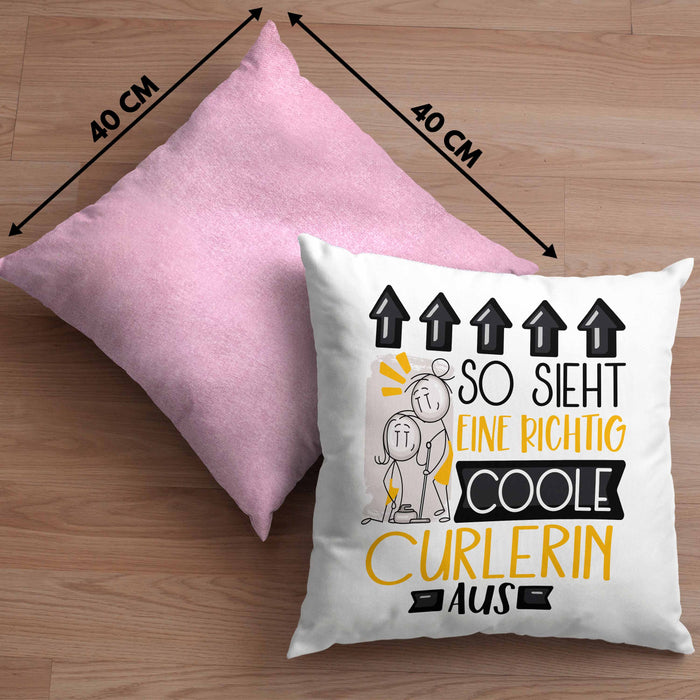 Curlerin Geschenk Kissen mit Füllung 40x40 Geschenkidee für Curlerin Geburtstag Weihnachten Spruch So Sieht Eine Richtig Coole Curlerin Aus (Grau) Rosa Trendation