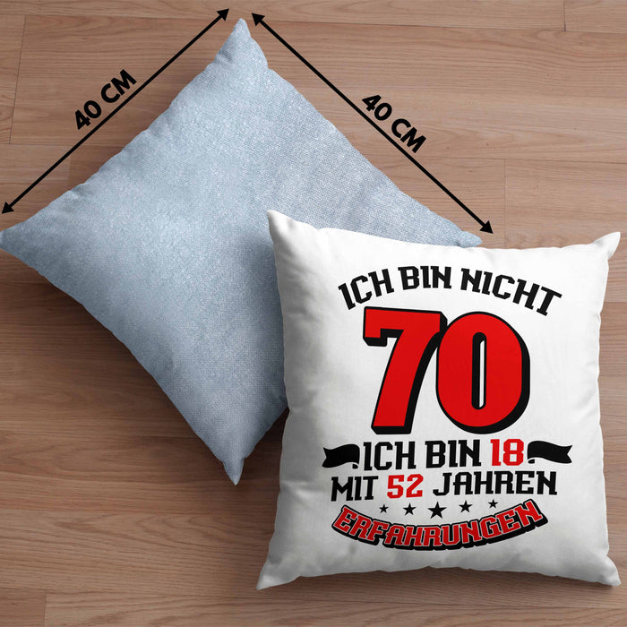 Kissen mit Füllung 40x40 70. Geburtstag Geschenkidee für Männer Frauen Spruch 70 Jahre 18 mit 52 Jahre Erfahrungen (Grau) Blau Trendation