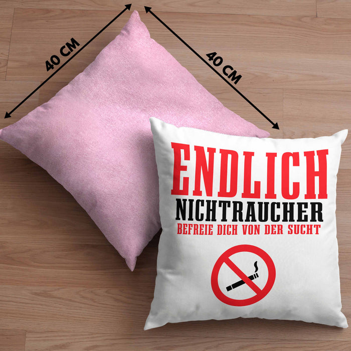 Endlich Nichttraucher Kissen mit Füllung 40x40 Geschenk Aufhören Zu Rauchen Befreie Dich Von Der Sucht (Grau) Rosa Trendation