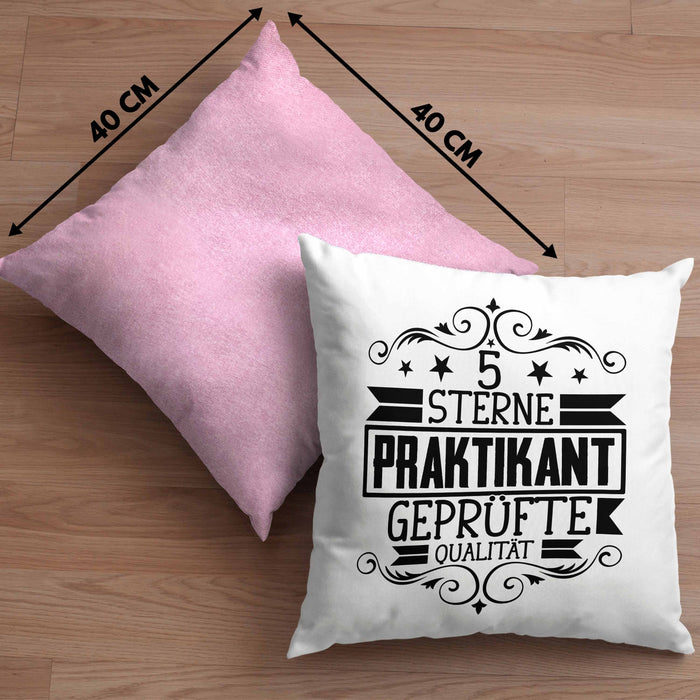 Praktikant Kissen mit Füllung 40x40 Geschenk Lustiger Spruch 5 Sterne Praktikant Geprüfte Qualiät (Grau) Rosa Trendation