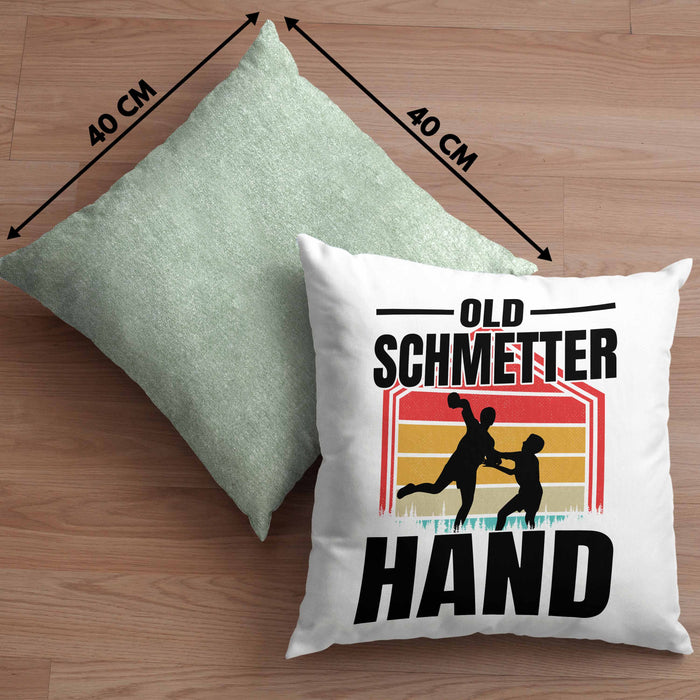 Handball Geschenk Kissen mit Füllung 40x40 Geschenkidee Handball-Spieler Handballspielerin Mädchen Jungs Old Schmetterhand (Grau) Grün Trendation