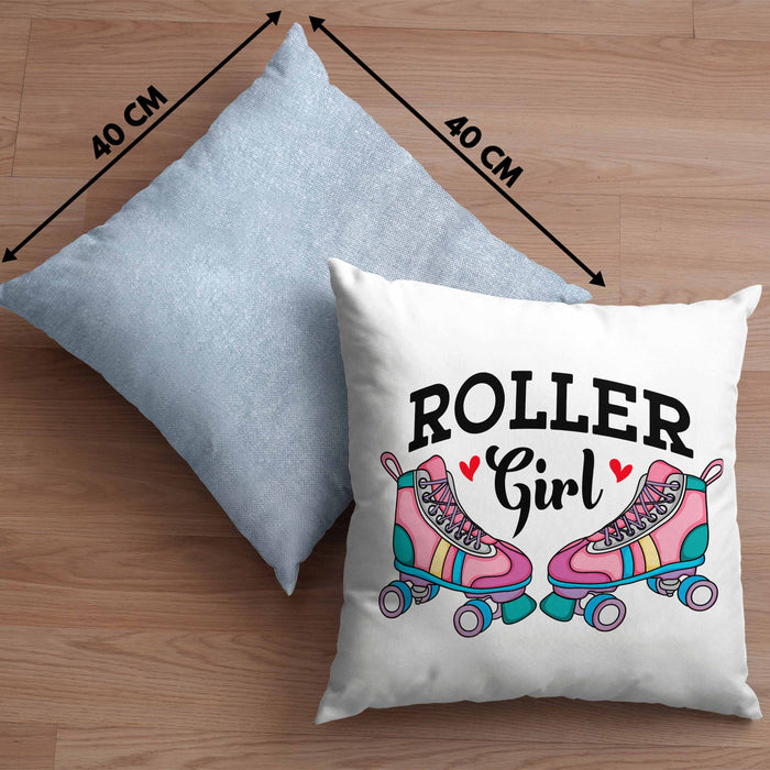 Rollschuh Kissen mit Füllung 40x40 Geschenk für Roller Girls "Roller Girl" Nostalgie 80er 90er Jahre (Grau) Blau Trendation