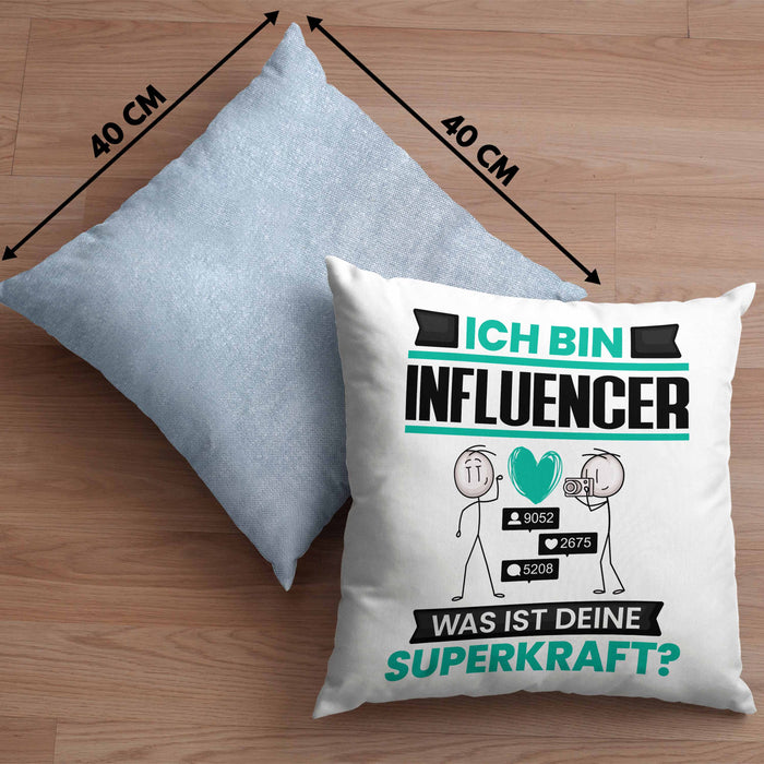Influencer Kissen mit Füllung 40x40 Geschenk für Influencer Geburtstag Lustiger Spruch Was Ist Deine Superkraft (Grau) Blau Trendation