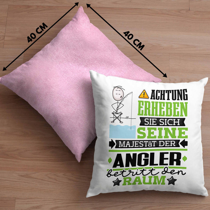 Angler Geschenk Kissen mit Füllung 40x40 Lustiger Spruch Erheben Sie Sich Der Angler Betritt den Raum (Grau) Rosa Trendation