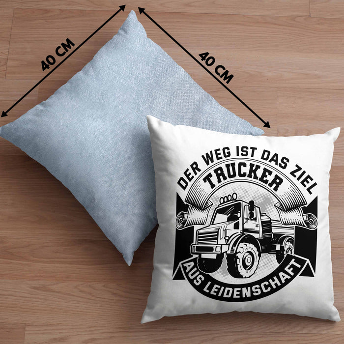 Trucker Geschenk Kissen mit Füllung 40x40 Der Weg Ist Das Ziel Trucker LKW Fahrer Geschenkidee (Grau) Blau Trendation