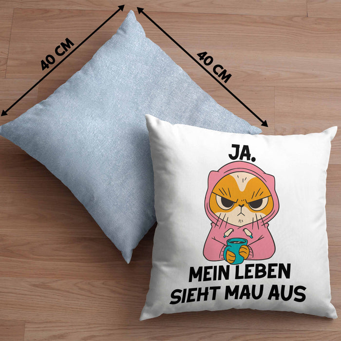 Dank Meme Kissen mit Füllung 40x40 Katzen Besitzer Wortspiel Ja Mein Leben Sieht Mau Aus Traurige Katze Geschenkidee Saure Katze Astronaut (Grau) Blau Trendation