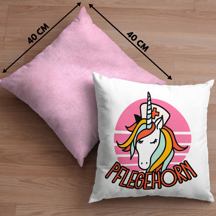 Lustige Pflege Geschenkidee für Pflegerinnen Kissen mit Füllung 40x40 Einhorn "Pflegehorn" Spruch (Grau) Rosa Trendation