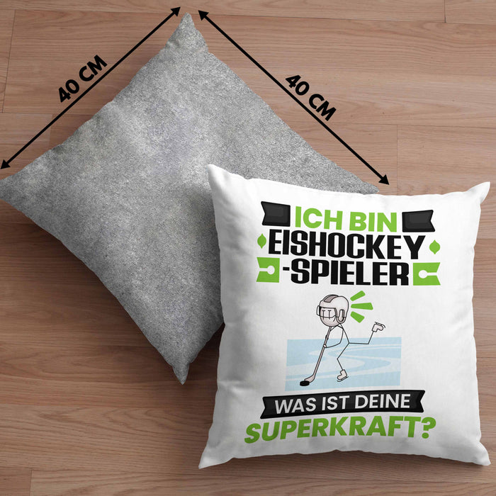 Eishockeyspieler Kissen mit Füllung 40x40 Geschenk für Eishockeyspieler Geburtstag Lustiger Spruch Was Ist Deine Superkraft (Grau) Grau Trendation