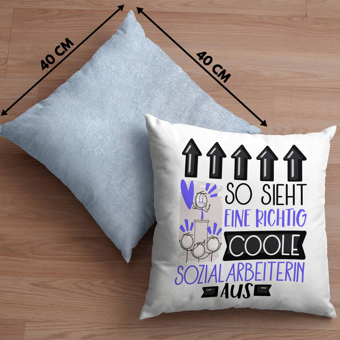 Sozialarbeiterin Geschenk Kissen mit Füllung 40x40 Geschenkidee für Sozialarbeiterin Geburtstag Weihnachten Spruch So Sieht Eine Richtig Coole Sozialarbeiterin Aus (Grau) Blau Trendation