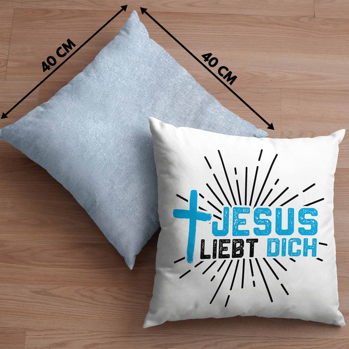 Jesus Liebt Dich Kissen mit Füllung 40x40 Geschenk Ostern Christentum Kirche Gläubiger Geschenkidee Häferl (Grau) Blau Trendation