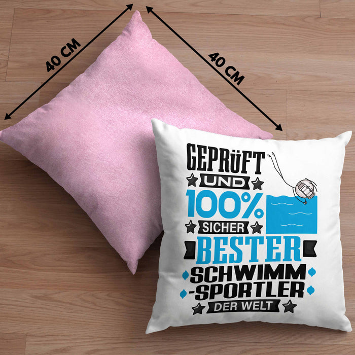 Schwimmsportler Geschenk Lustiger Spruch für Schwimmsportler Geschenkidee Bester Schwimmsportler Der WeltKissen mit Füllung 40x40 (Grau) Rosa Trendation