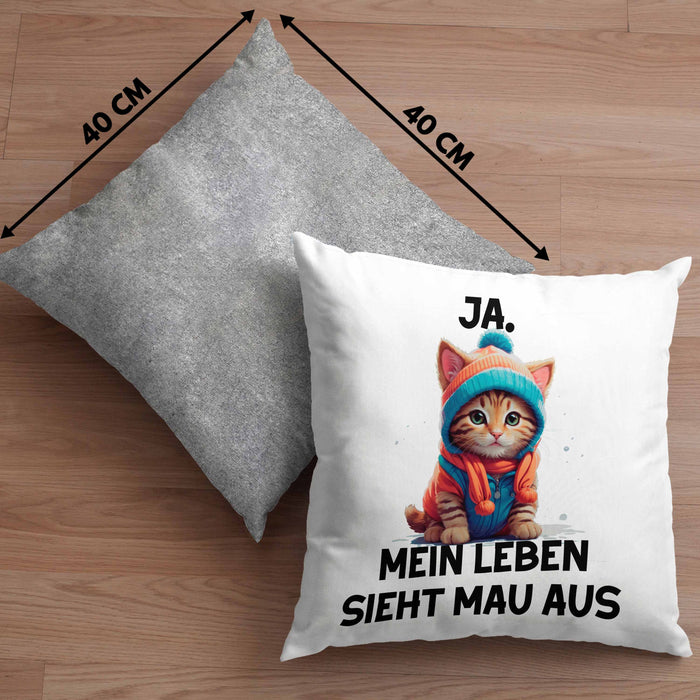 Dank Meme Kissen mit Füllung 40x40 Katzen Besitzer Wortspiel Ja Mein Leben Sieht Mau Aus Traurige Katze Geschenkidee Süße Katze (Grau) Grau Trendation