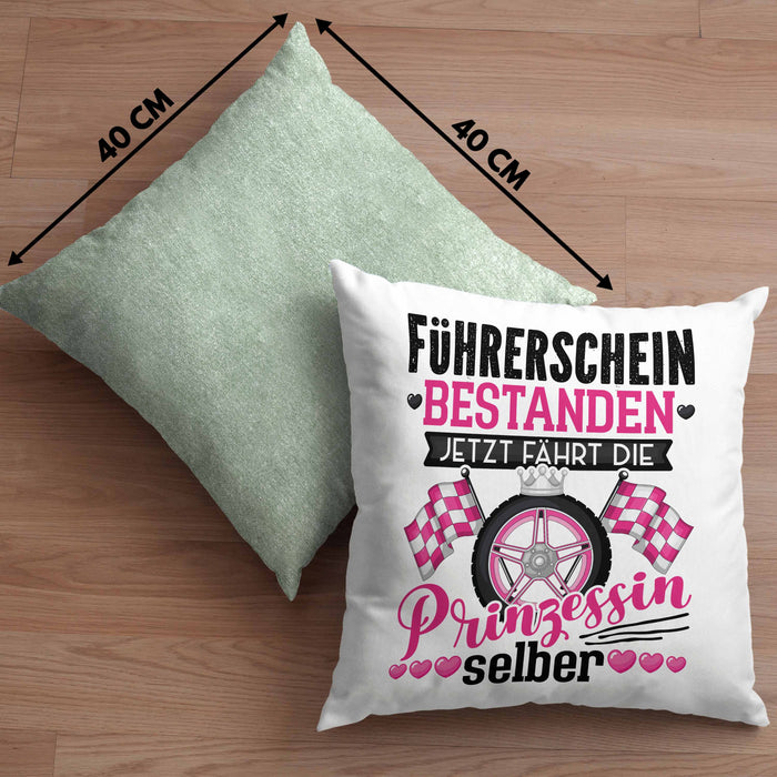 Führerschein Bestanden Geschenk Kissen mit Füllung 40x40 Bestandener Führerschein Jetzt Fährt Die Prinzessin Selber Motorrad Bike Fahrschule (Grau) Grün Trendation