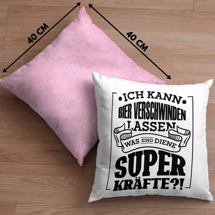 Bier Kissen mit Füllung 40x40 - "Ich kann Bier verschwinden lassen" Geschenk für Bierliebhaber (Grau) Rosa Trendation