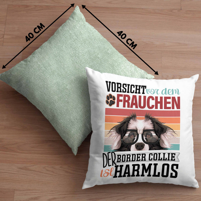Border Collies Besitzerin Frauchen Kissen mit Füllung 40x40 Geschenk Lustiger Spruch Geschenkidee Vorsicht Vor Dem Frauchen (Grau) Grün Trendation