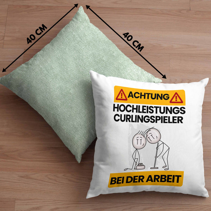 Curlingspieler Kissen mit Füllung 40x40 Geschenk Lustiger Spruch Geschenkidee für Curlingspieler Achtung Hochleistungs Curlingspieler Bei Der Arbeit (Grau) Grün Trendation