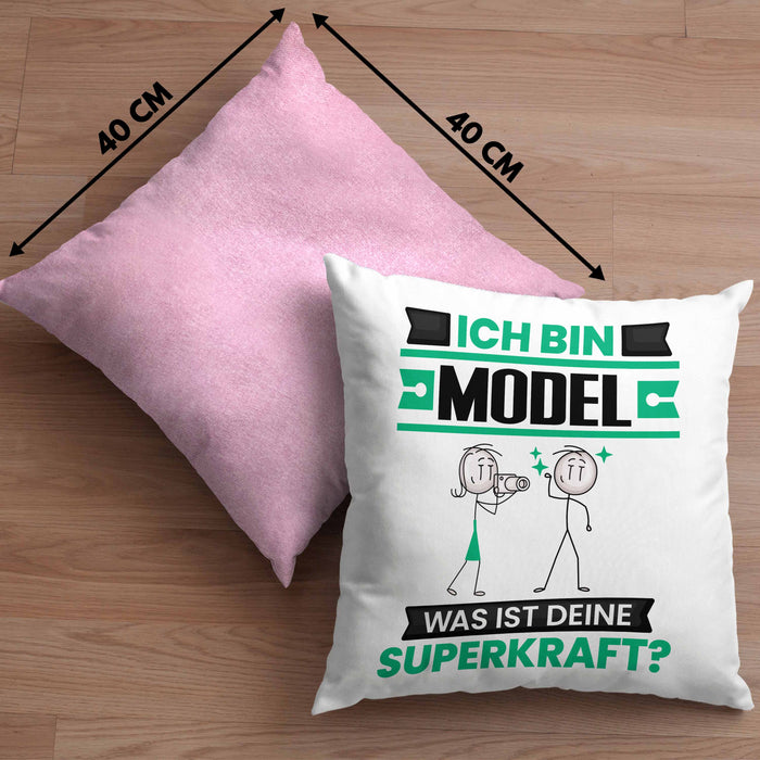 Model Kissen mit Füllung 40x40 Geschenk für Model Geburtstag Lustiger Spruch Was Ist Deine Superkraft (Grau) Rosa Trendation