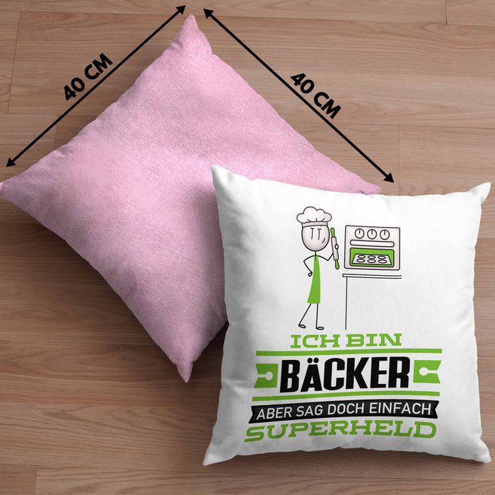 Bäcker Geschenk Kissen mit Füllung 40x40 Ich Bin Bäcker Aber Sag Doch Einfach Superheld Lustige Geschenkdiee für Bäcker (Grau) Rosa Trendation