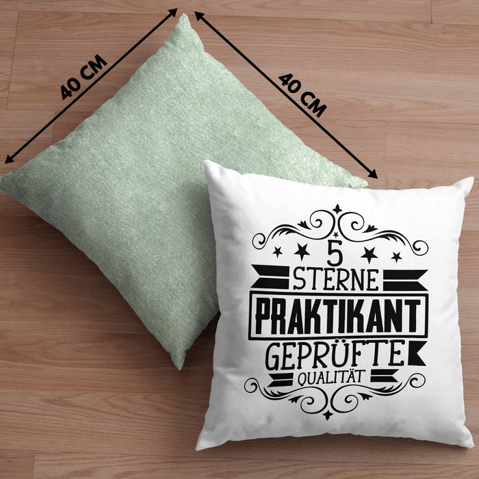Praktikant Kissen mit Füllung 40x40 Geschenk Lustiger Spruch 5 Sterne Praktikant Geprüfte Qualiät (Grau) Grün Trendation