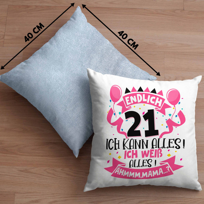 21. Geburtstag Geschenk Kissen mit Füllung 40x40 Frauen Mädchen Geschenkidee Endlich 21 Ich Kann Alles Ich Weiß Alles Ähm Mama (Grau) Blau Trendation