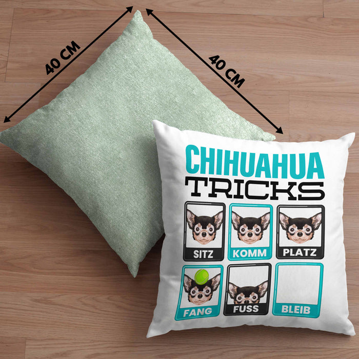 Chihuahua Besitzer Kissen mit Füllung 40x40 Geschenk Lustiger Spruch Geschenkidee Chihuahua Tricks Bleib (Grau) Grün Trendation