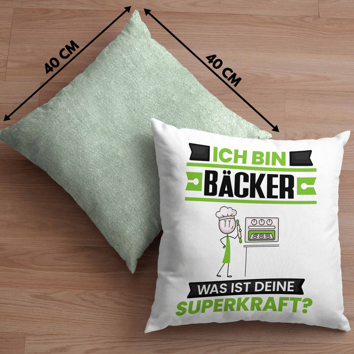 Bäcker Kissen mit Füllung 40x40 Geschenk für Bäcker Geburtstag Lustiger Spruch Was Ist Deine Superkraft (Grau) Grün Trendation