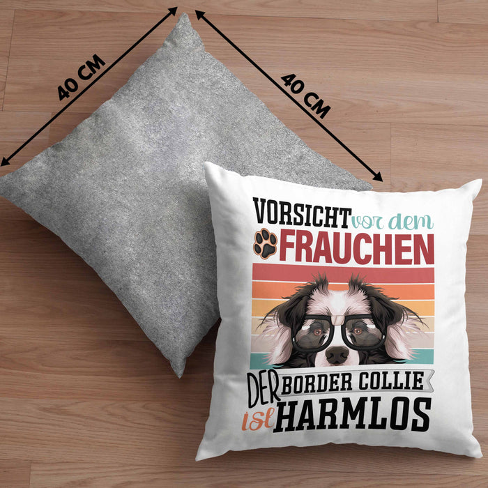 Border Collies Besitzerin Frauchen Kissen mit Füllung 40x40 Geschenk Lustiger Spruch Geschenkidee Vorsicht Vor Dem Frauchen (Grau) Grau Trendation