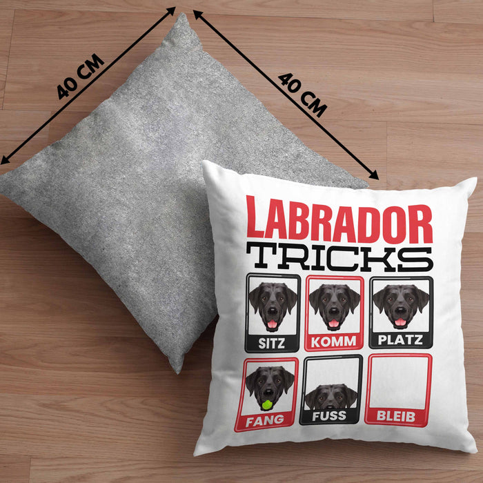 Labrador Besitzer Kissen mit Füllung 40x40 Geschenk Lustiger Spruch Geschenkidee Labrador Tricks Bleib (Grau) Grau Trendation