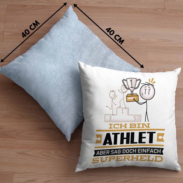 Athlet Geschenk Kissen mit Füllung 40x40 Ich Bin Athlet Aber Sag Doch Einfach Superheld Lustige Geschenkdiee für Athlet (Grau) Blau Trendation