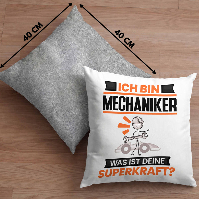 Mechaniker Kissen mit Füllung 40x40 Geschenk für Mechaniker Geburtstag Lustiger Spruch Was Ist Deine Superkraft (Grau) Grau Trendation