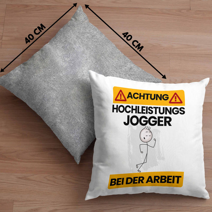 Jogger Kissen mit Füllung 40x40 Geschenk Lustiger Spruch Geschenkidee für Jogger Achtung Hochleistungs Jogger Bei Der Arbeit (Grau) Grau Trendation