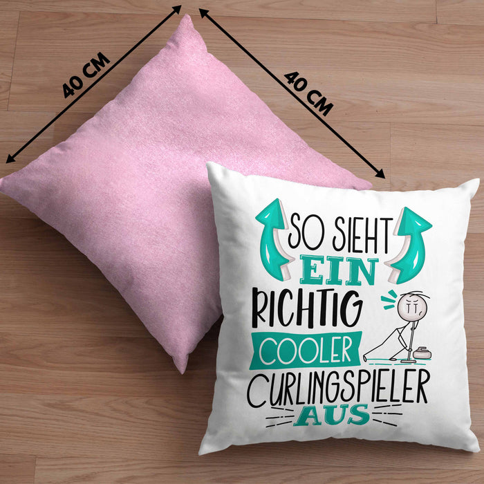 Curlingspieler Kissen mit Füllung 40x40 Geschenk So Sieht Ein RIchtig Cooler Curlingspieler Aus Geschenkidee Lustiger Spruch Geburtstag Curling Spieler (Grau) Rosa Trendation