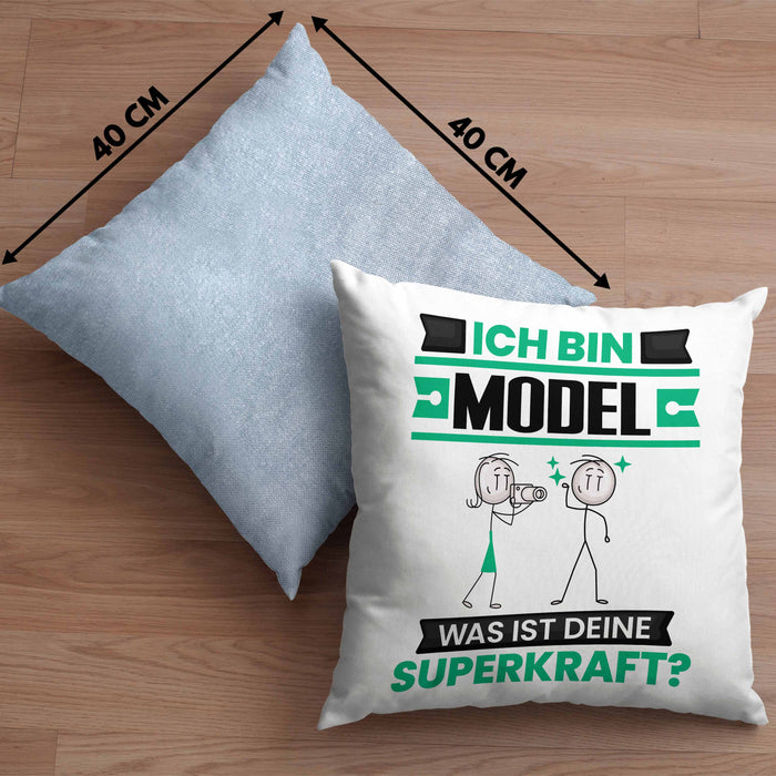 Model Kissen mit Füllung 40x40 Geschenk für Model Geburtstag Lustiger Spruch Was Ist Deine Superkraft (Grau) Blau Trendation