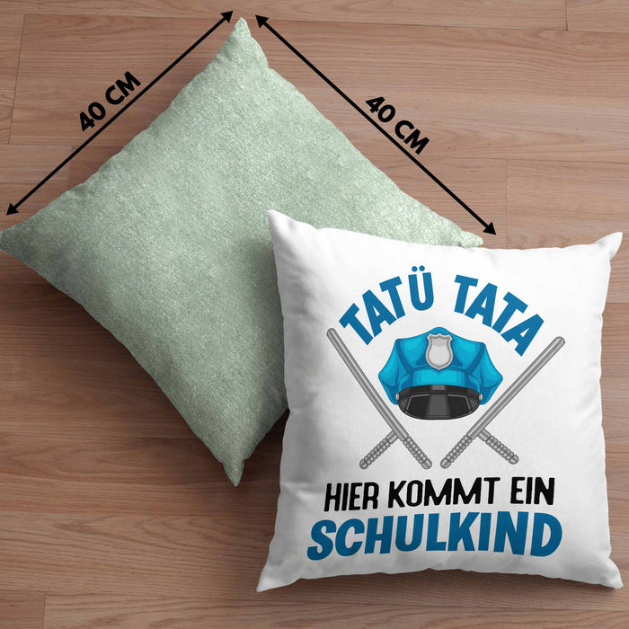 Einschulung Junge Tatü Tata Schulkind Geschenk für Schultüte Füllung Kissen mit Füllung 40x40 Schulstart 1. Schultag Schuleinführung Schulanfang Geschenkidee 2024 (Grau) Grün Trendation
