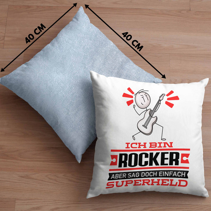 Rocker Geschenk Kissen mit Füllung 40x40 Ich Bin Rocker Aber Sag Doch Einfach Superheld Lustige Geschenkdiee für Rocker (Grau) Blau Trendation