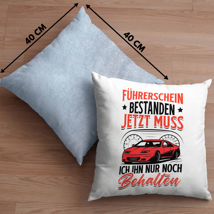Führerschein Bestanden Kissen mit Füllung 40x40 Geschenk Bestandende Führerscheinprüfung Geschenkidee Jetzt Muss Ich Ihn Nur Noch Behalten (Grau) Blau Trendation