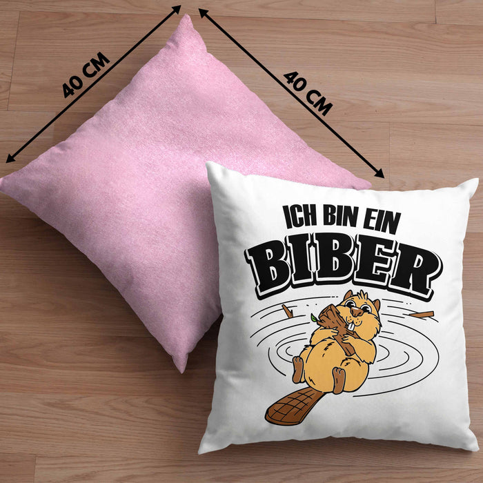Bieber Kissen mit Füllung 40x40 Biebermotiv Geschenk Tierwohlhaber (Grau) Rosa Trendation