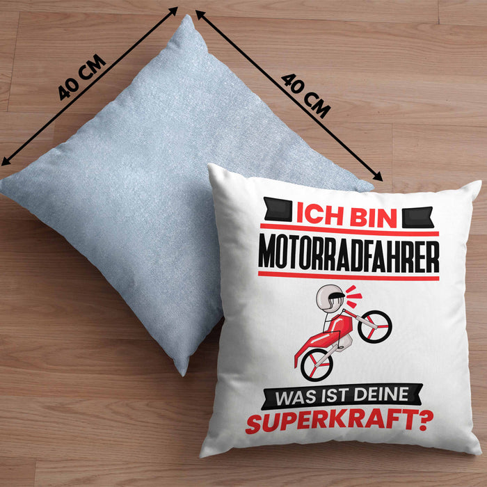 Motorradfahrer Kissen mit Füllung 40x40 Geschenk für Motorradfahrer Geburtstag Lustiger Spruch Was Ist Deine Superkraft (Grau) Blau Trendation