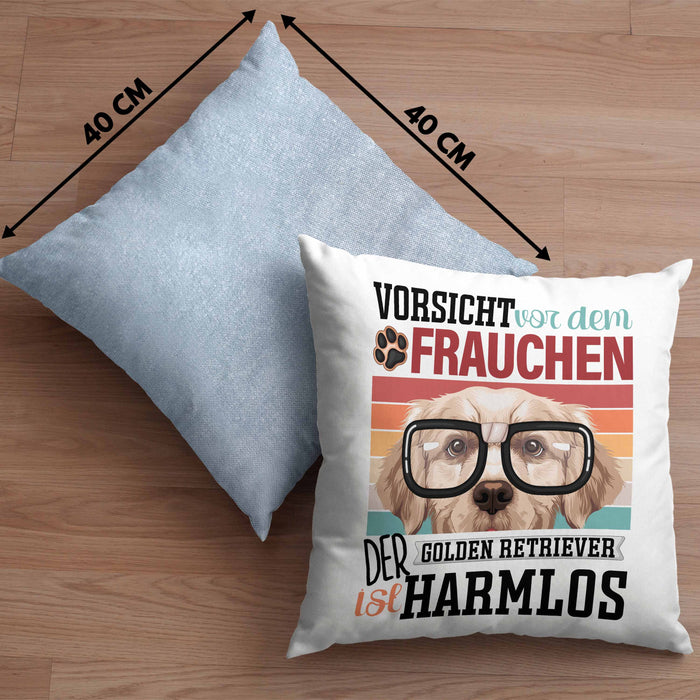 Golden Retriever Besitzerin Frauchen Kissen mit Füllung 40x40 Geschenk Lustiger Spruch Geschenkidee Vorsicht Vor Dem Frauchen (Grau) Blau Trendation