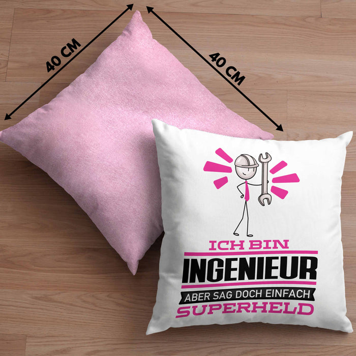 Ingenieur Geschenk Kissen mit Füllung 40x40 Ich Bin Ingenieur Aber Sag Doch Einfach Superheld Lustige Geschenkdiee für Ingenieur (Grau) Rosa Trendation