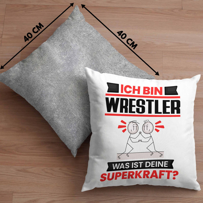 Wrestler Kissen mit Füllung 40x40 Geschenk für Wrestler Geburtstag Lustiger Spruch Was Ist Deine Superkraft (Grau) Grau Trendation