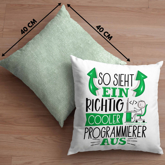 Programmierer Kissen mit Füllung 40x40 Geschenk So Sieht Ein RIchtig Cooler Programmierer Aus Geschenkidee Lustiger Spruch Geburtstag (Grau) Grün Trendation