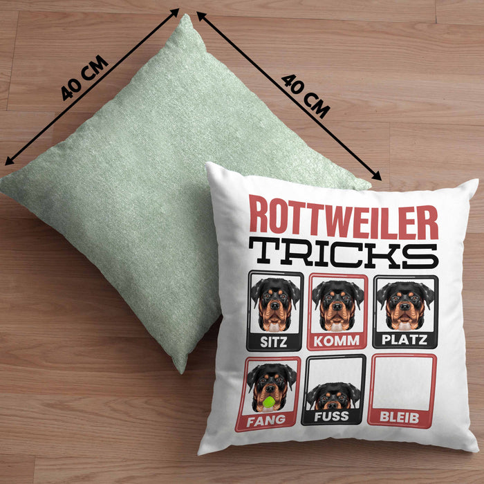 Rottweiler Besitzer Kissen mit Füllung 40x40 Geschenk Lustiger Spruch Geschenkidee Rottweiler Tricks Bleib (Grau) Grün Trendation