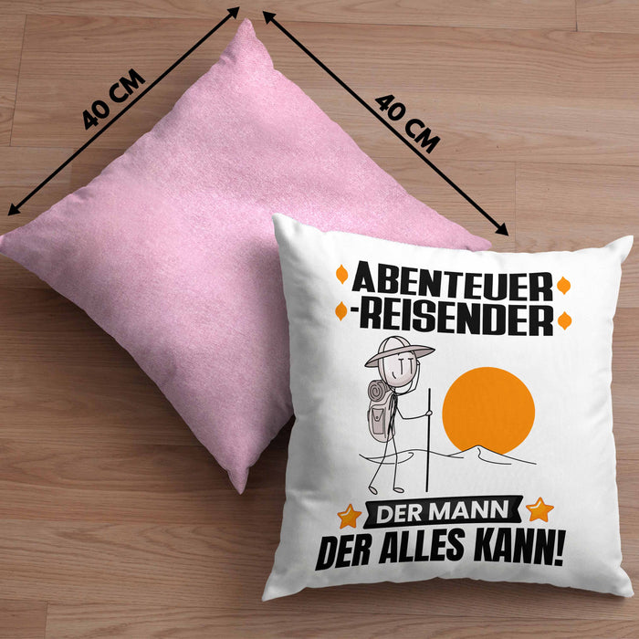 Abenteurreisender Kissen mit Füllung 40x40 Geschenk für Abenteurreisender Der Mann Der Alles Kann Geschenkidee zum Geburtstag (Grau) Rosa Trendation