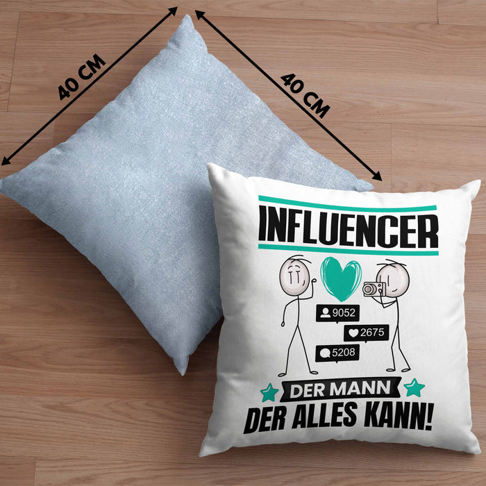 Influencer Kissen mit Füllung 40x40 Geschenk für Influencer Der Mann Der Alles Kann Geschenkidee zum Geburtstag (Grau) Blau Trendation