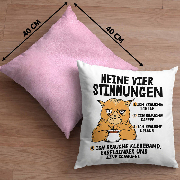 Katze Kissen mit Füllung 40x40 Geschenk Katzenbesitzerin Lustige Sprüche Kaffee Urlaub Müde Meine Vier Kaffeestimungen (Grau) Rosa Trendation