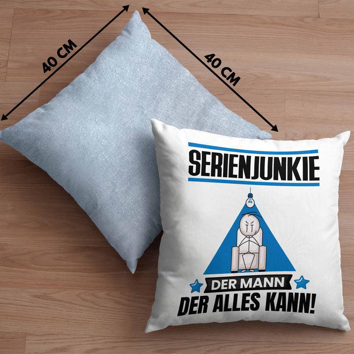 Serienjunkie Kissen mit Füllung 40x40 Geschenk für Serienjunkie Der Mann Der Alles Kann Geschenkidee zum Geburtstag (Grau) Blau Trendation
